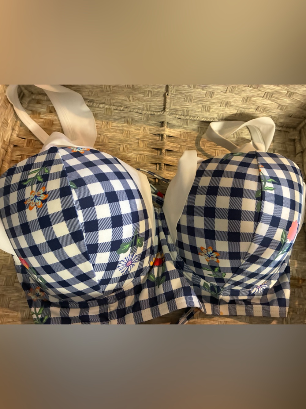 Unique Vintage Navy and White Gingham Floral Bikini Top XL NWOT